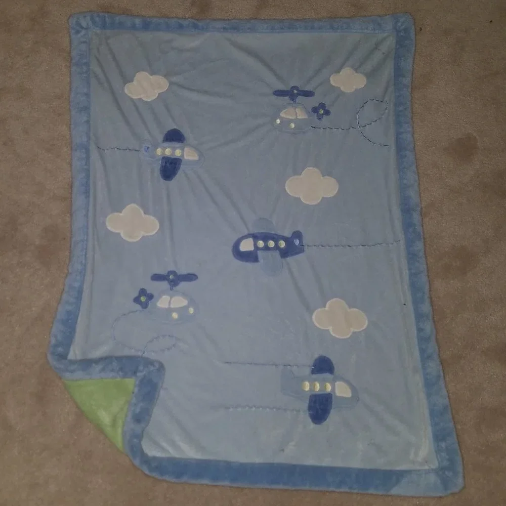 Carter's Just One Year Blue Airplanes Baby Blanket Lovey Green Helicopter Cloud